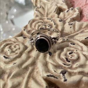 Beautiful signed 925 Sterling Silver Beaded and Black Faceted Crystal Ring